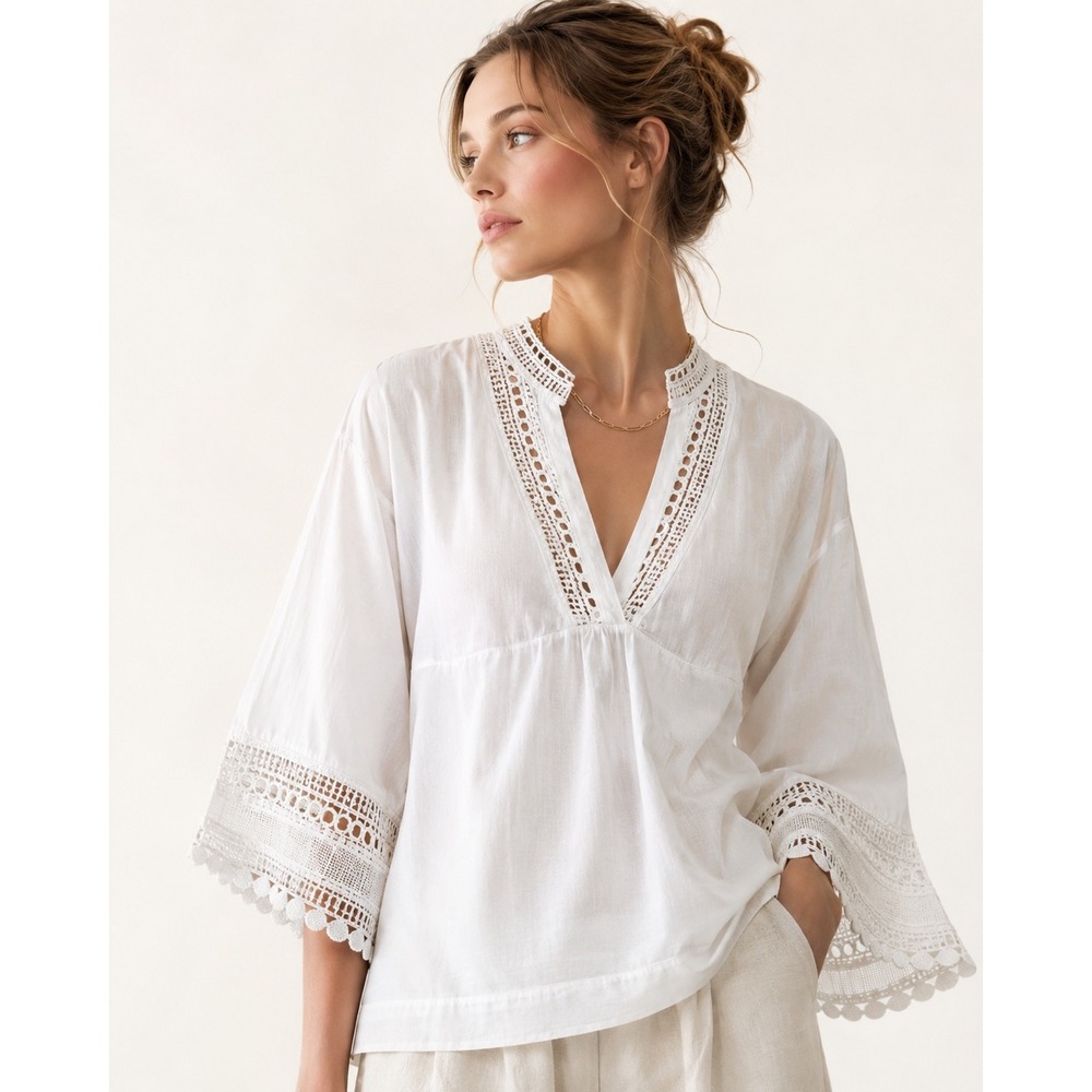 White Cotton Bell Sleeve Crochet Trim Tunic Top S Cottagecore Boho Resort